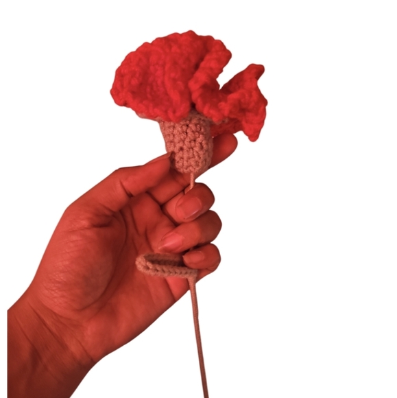 Handmade Red Crochet Carnation Flower Hand Crafted Botanical Faux Floral Gift - Picture 10 of 17